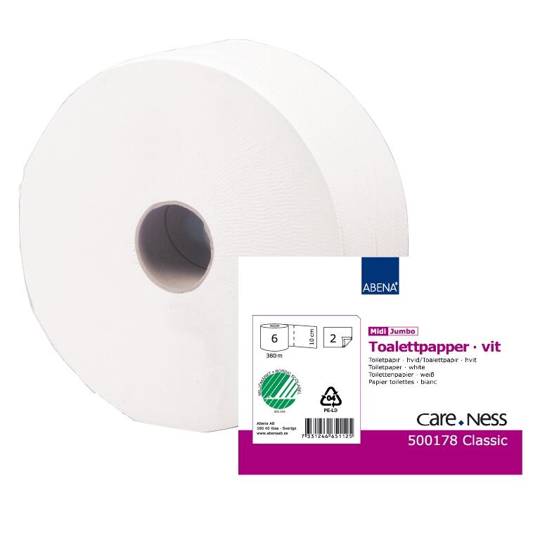 Toalettpapper Abena Care-Ness Classic Jumbo Midi 2-lag Vit 380m 6rl