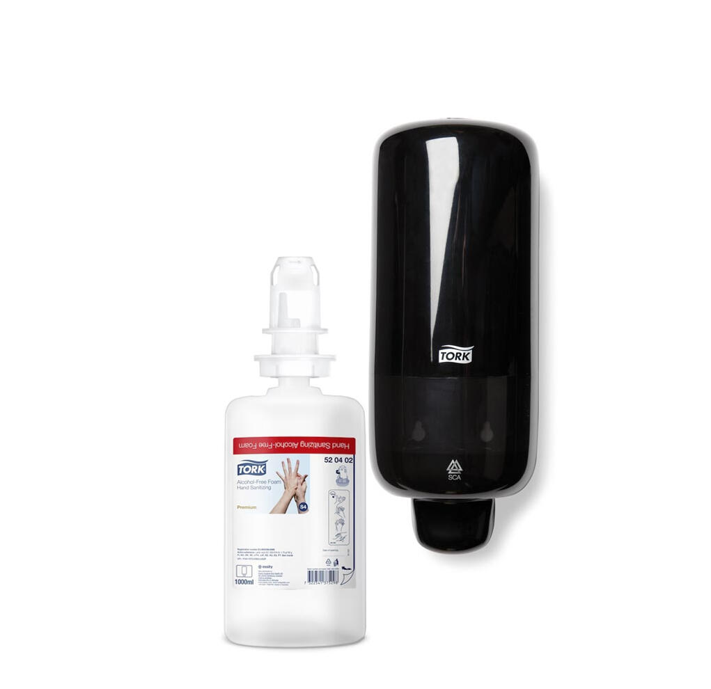 Handdesinfektion Tork Skum Utan Alkohol S4 1L 6st med Svart Dispenser