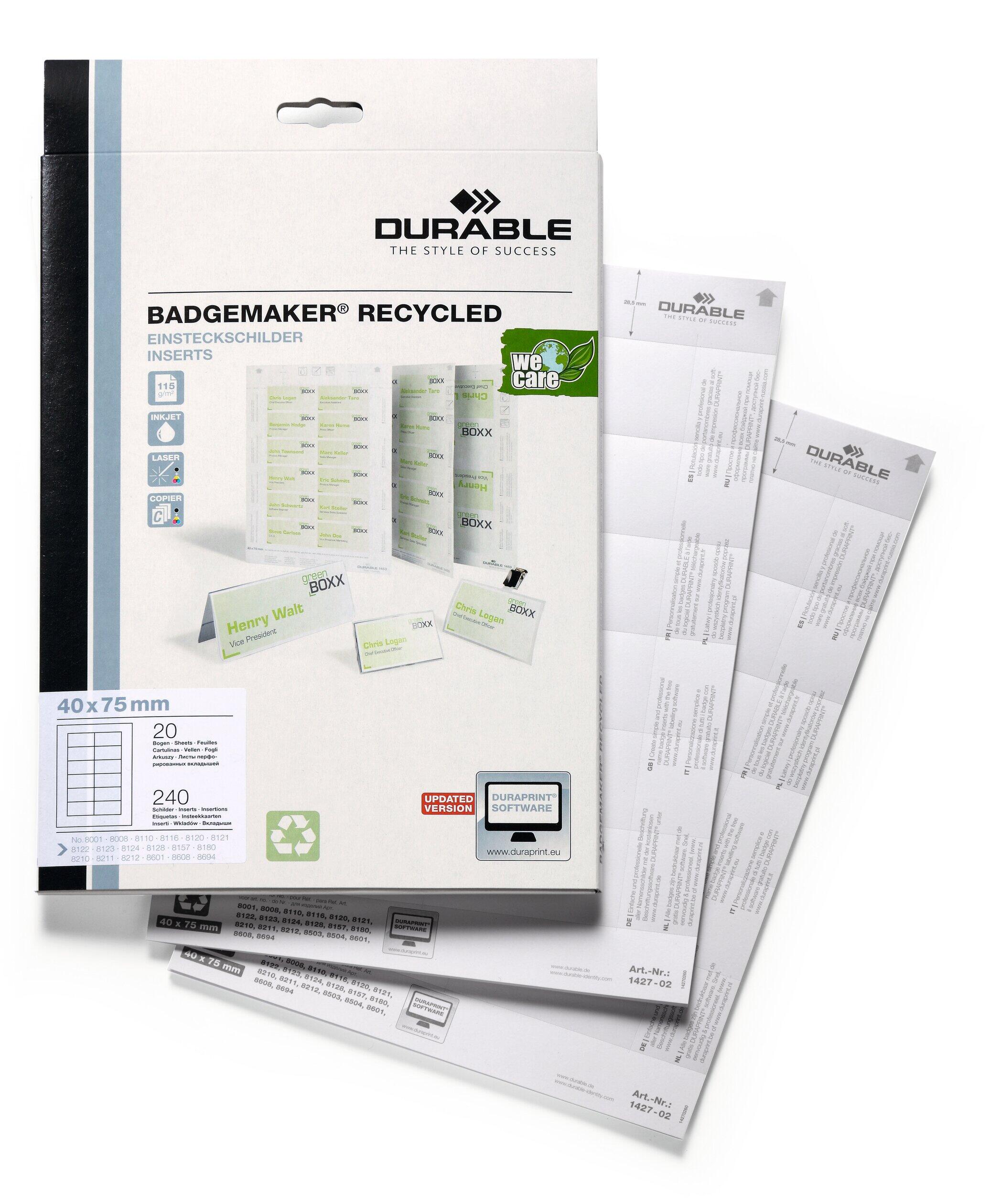 Etiketter Durable Badgemaker Vit på 40x75mm A4-ark 240st