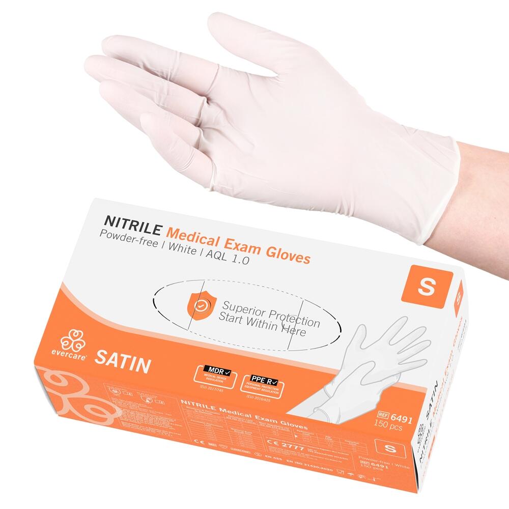 Engångshandskar Nitril Evercare Satin Puderfri AQL 1,0 Vit S 150st