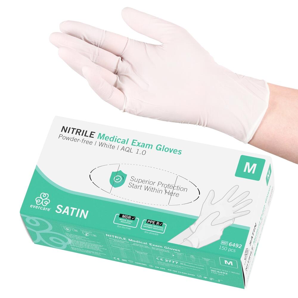 Engångshandskar Nitril Evercare Satin Puderfri AQL 1,0 Vit M 150st